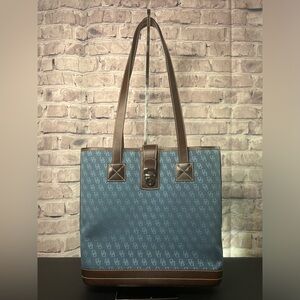 EUC Dooney & Bourke Blue Jacquard Woven Tote with Brown Leather